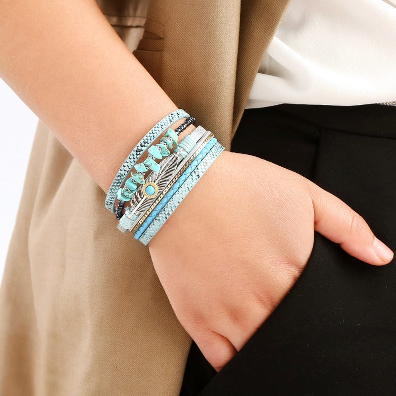 Wholesale Retro Ethnic Style Woven Turquoise Multi-layer Bohemian Magnet Buckle Feather Bracelet